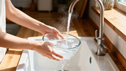 Hands of a person holding a glass bowl filled with water under a running faucet in a bright kitchen, showcasing the interaction between water and kitchenware in a warm, inviting atmosphere