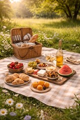 A peaceful picnic scene with food and basket in nature, without people, perfect for lifestyle concepts.
Category: Food & Drink