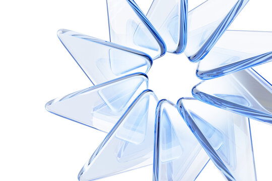 Light blue 3d background with circular effect of glass transparent triangle plate shapes. Abstract geometric flower with crystal triangular petals. Futuristic digital tech banner