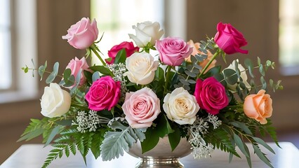 Beautiful centerpiece with pink, white, and peach roses and lush greenery for a special event
