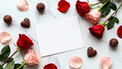 Romantic arrangement of red and pink roses, chocolate hearts, and rose petals surrounding a blank card on a marble surface, creating an inviting atmosphere for love notes and special occasions