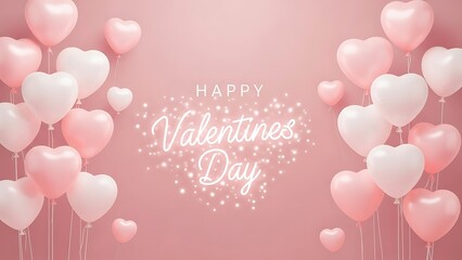 Happy valentines day text glowing with glitter surrounded by pink and white heart balloons