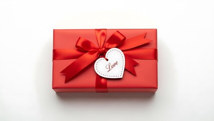 Red gift box with a satin ribbon bow and a heart shaped love tag on a white background
