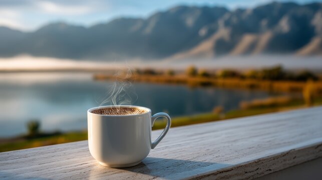 A steaming cup of coffee rests on a wooden rail, while the serene lake and breathtaking mountains create a peaceful morning scene bathed in gentle sunlight - Powered by Adobe