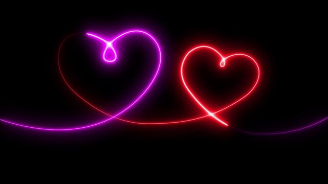 two colour love animation on black background,Valentines love heart symbol animation. Two love hearts. Valentine's Day indicate. Love One line drawing concept. love card neon glowing icon.