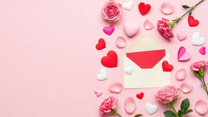 Romantic Valentine's Day arrangement with flowers, hearts, and an envelope.