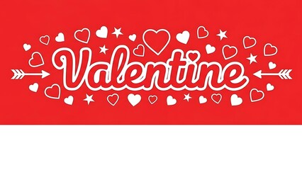 Valentine text greeting on red background with white heart shapes and arrow graphics for celebration