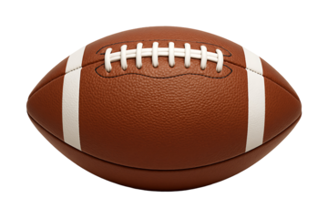 American football ball made of genuine brown leather with white stripes and laces for sports competition and equipment isolated on transparent background