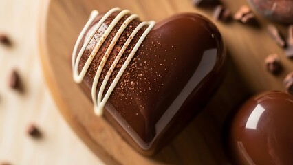 Elegant heart shaped chocolate dessert with white drizzle and cocoa powder on rustic wood tabletop
