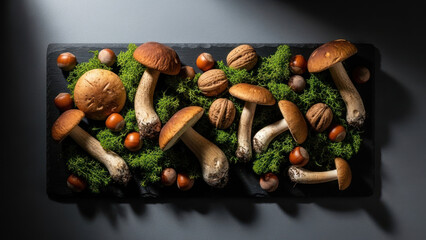 Assorted wild mushrooms and nuts arranged on a black tray with green moss.