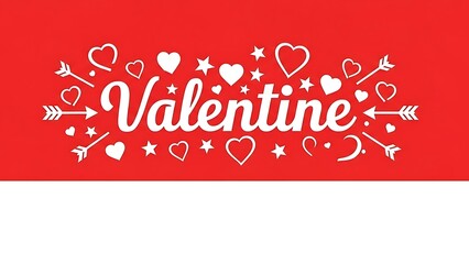Valentine typography text design with white hearts stars and arrows on vibrant red and white banner