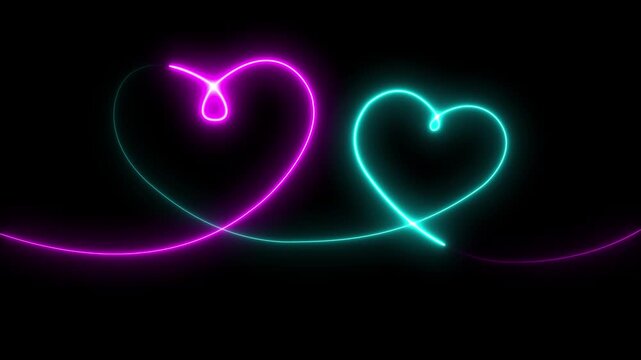 two colour love animation on black background,Valentines love heart symbol animation. Two love hearts. Valentine's Day indicate. Love One line drawing concept. love card neon glowing icon.