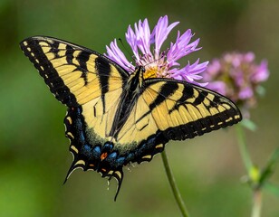 Bright yellow and black butterfly perches on a purple flower, wings spread wide