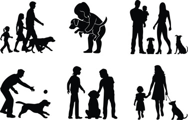 A set of black family silhouettes featuring a group of people, including a man, woman, child, and boy, in various action poses for use as a vector illustration design