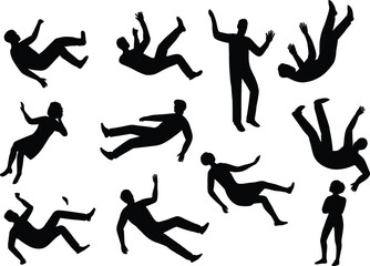 Set of black vector silhouettes illustrating people in various yoga, dance, and fitness poses including ballet dancers and athletes jumping or exercising for sports and gym training art