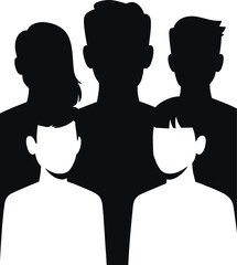 Vector silhouettes of an anonymous man and woman profile avatar icons featuring a black business person and family couple illustration symbols