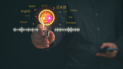 Hand holding light bulb with AI chatbot icon and multilingual language symbols, artificial intelligence translation, voice recognition, global communication, and smart language technology innovation.