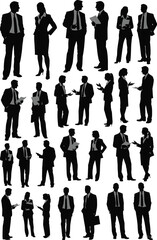 A professional collection of black vector silhouettes featuring a business team, diverse people in suits, and families walking in various poses for an illustrative work set