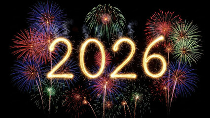 Fireworks display celebrating the New Year 2026 with glowing numbers.
