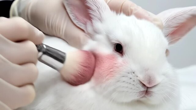 White Rabbit Undergoing Cosmetic Testing with Makeup Brush and Scientist's Hands in Gloves