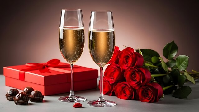 Romantic evening with champagne and roses - Powered by Adobe
