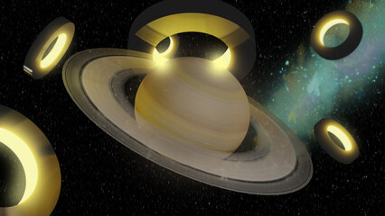 Abstract Saturn-like planet with glowing rings in space © Petr