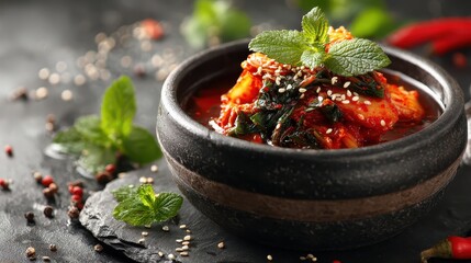 Kimchi presenting authentic korean spicy fermented cabbage