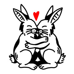 Fototapeta premium Edgy Grunge Street Art Style Two Rabbits Hugging With Heart