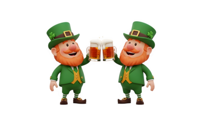 Two cheerful leprechauns isolated on transparent background with beer