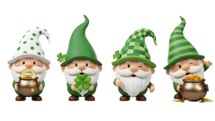Four st patrick's day gnomes isolated on transparent background