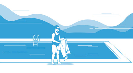 Obraz premium Woman with Towel by Swimming Pool, Summer Recreation, Blue Illustration