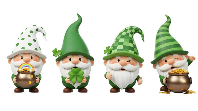 Four st patrick's day gnomes isolated on transparent background