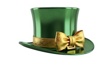 Green top hat with gold bow isolated on transparent background
