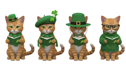 Four cats dressed for st patrick's day isolated on transparent background