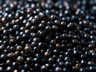 Close Up of Black Caviar with Golden Sparkle Highlights Luxury Gourmet Food Background