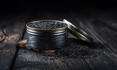 Premium Black Caviar in an Open Metal Tin on a Rustic Dark Wooden Background