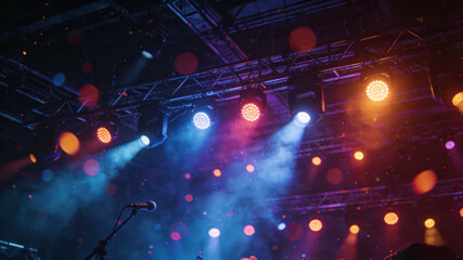 Vibrant concert stage with colorful lights and abstract bokeh, capturing the essence of dynamic energy and atmosphere.