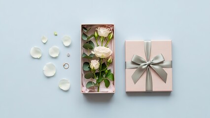 A beautifully wrapped gift and roses for Mother's Day celebration
