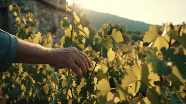 A vintner's hand gently touches grape leaves in a sun-drenched vineyard, highlighting organic cultivation and harvest traditions