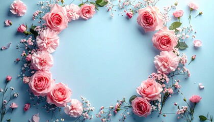 Pink roses and small white flowers arranged in a circular frame on a light blue backdrop