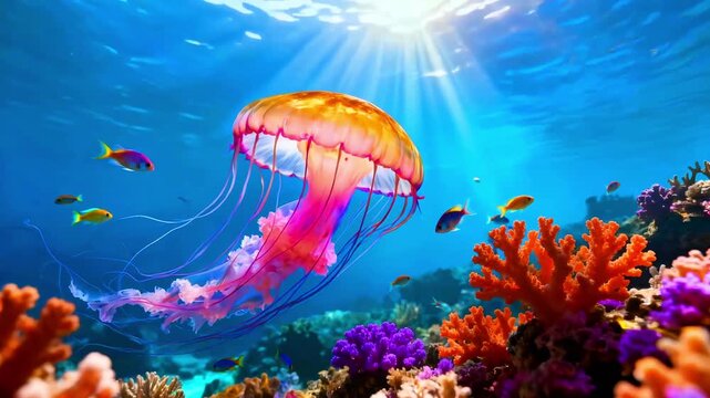 A vibrant, glowing jellyfish with long trailing tentacles drifts gracefully through bright sunlit blue ocean waters near colorful coral reefs and tropical fish.