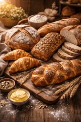 A variety of freshly baked bread arranged on a wooden table, creating a warm bakery atmosphere.
Category: Food & Drink