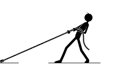 Stick Figure Man Pulling Heavy Rope from Waist, Struggling with Effort on Isolated White Background.