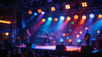 Vibrant concert stage with colorful lights and abstract bokeh, capturing the essence of dynamic energy and atmosphere.