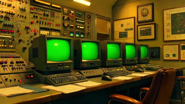 Vintage computer control room featuring multiple cathode ray tube monitors displaying glowing green text screens and complex analog equipment panels.