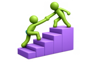 Two green 3d cartoon figures demonstrating mutual support, one helps another climb a set of purple steps, on transparent background