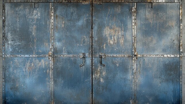 A thick steel industrial blast door with a weathered blue painted surface and visible metal rivets and handles