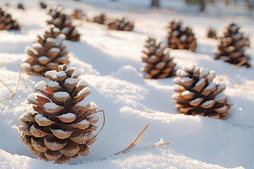 Pine cones lie on the snow covered ground during a beautiful winter day