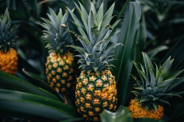 Fototapeta premium Close up of ripe pineapples growing on a plantation, showcasing their vibrant colors and spiky leaves