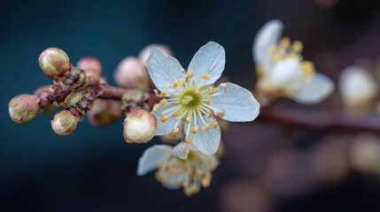Medium shot of delicate flowers gradually swelling capturing the earliest stage of fruit emergence with soft natural lighting and clear focus.
